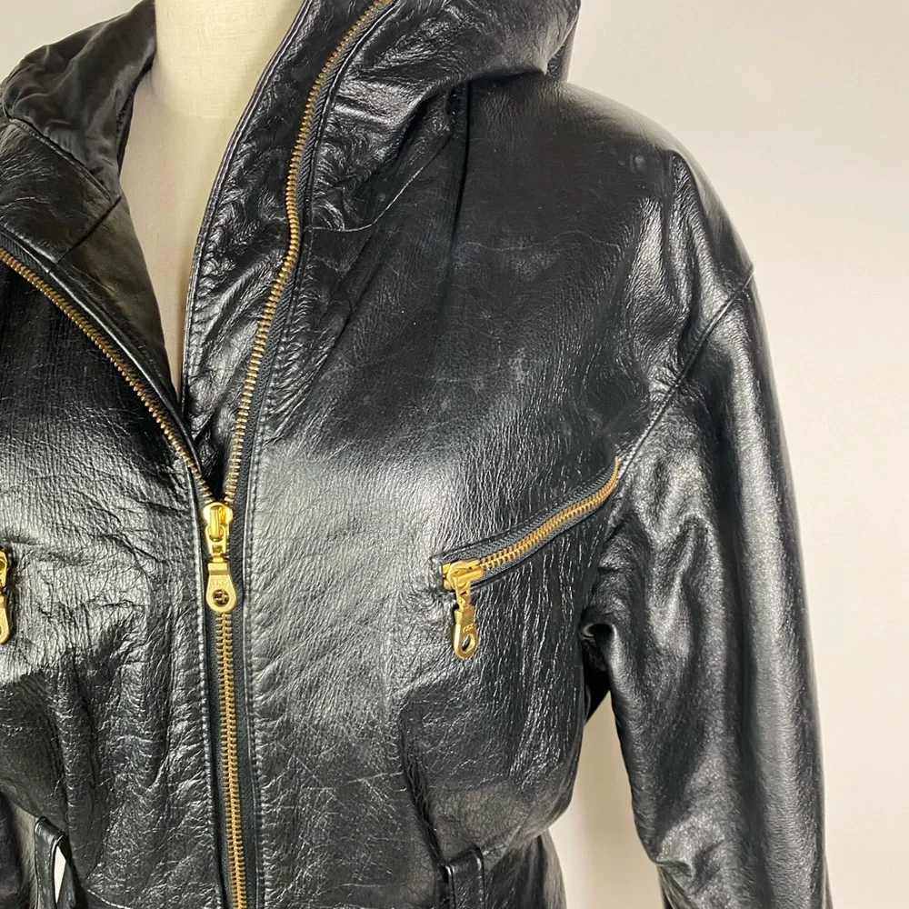 VINTAGE WILSONS Womens 90s Leather Hooded Moto Jacket Gold Tone Hardware XS - Picture 6 of 12